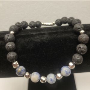 Silver, Black Lava, and Blue Sodalite Beaded Stretch Bracelet